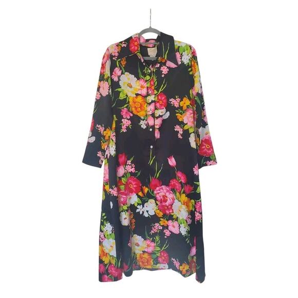 Vintage 70s Vibrant Flower Print Maxi Hostess Collar House Midi Dress, Med/Lrg - Picture 1 of 13